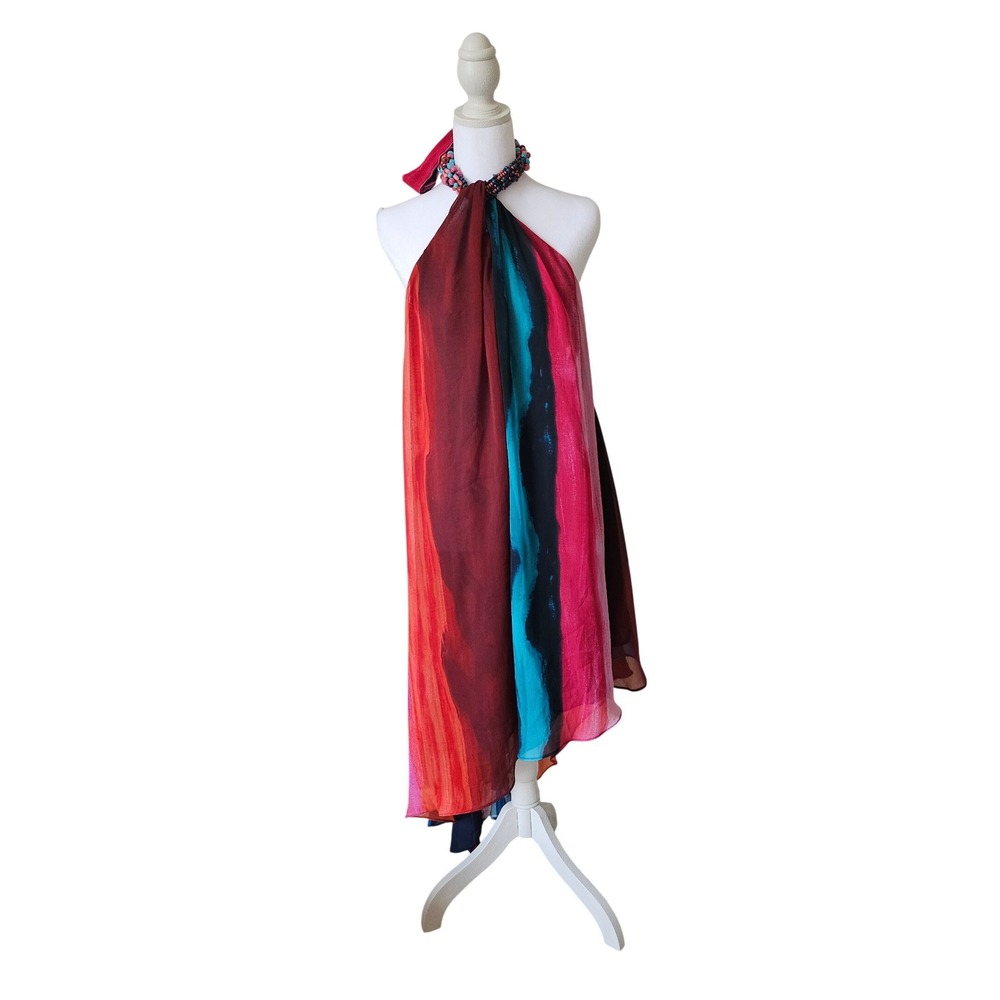 Zara Beaded Halter Watercolor Print Open Back Asymmetrical Maxi Dress XL Resort